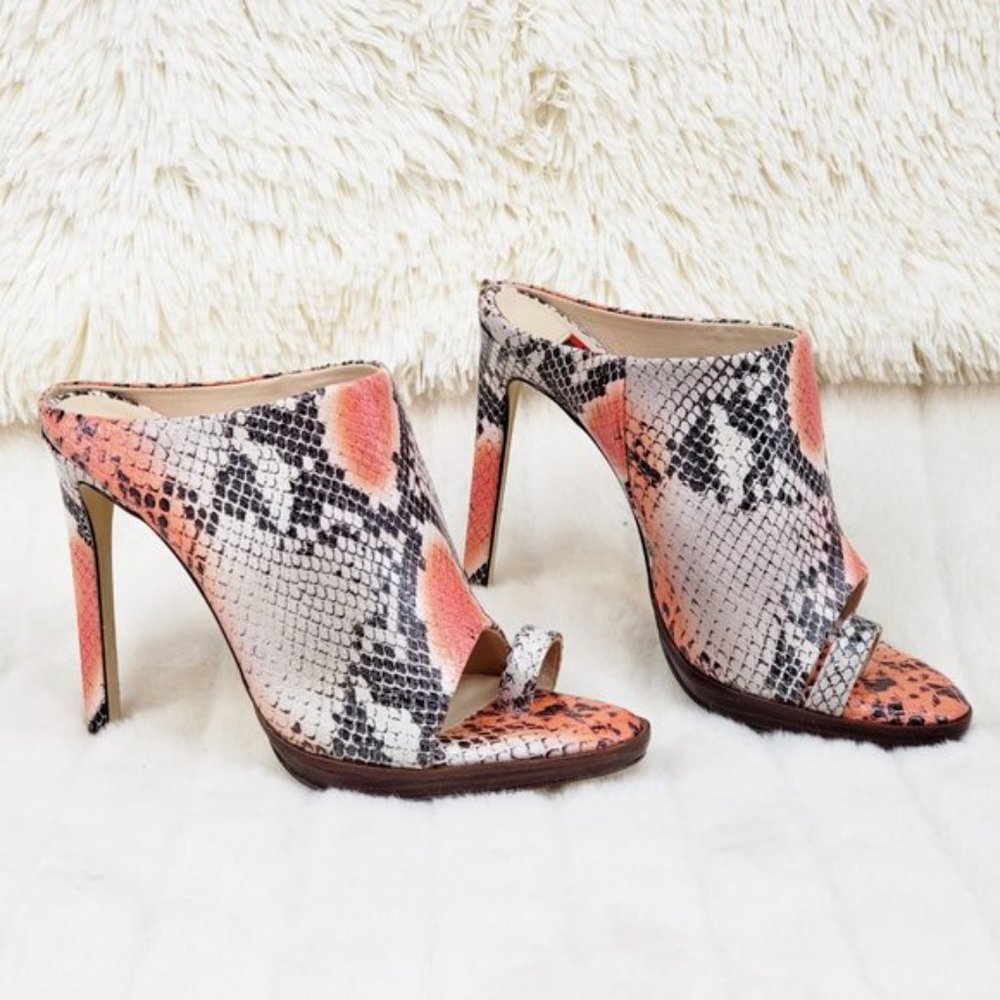 Genuine Leather In Snake Print 4.5" Heel Slip On Toe Strap Shoes